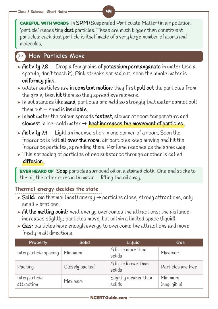 Class 8 Science (Curiosity) Chapter 7: Particulate Nature of Matter – real page from the NCERT Guide book