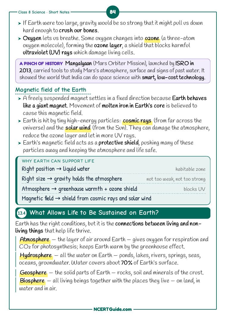 Class 8 Science (Curiosity) Chapter 13: Our Home: Earth, a Unique Life-Sustaining Planet – real page from the NCERT Guide book