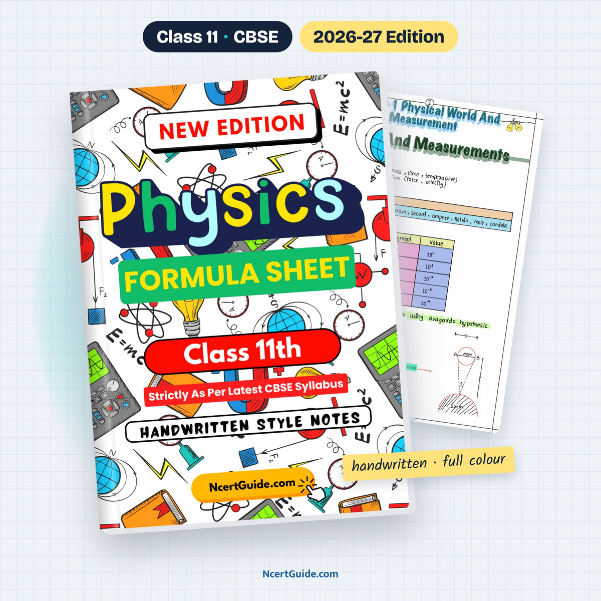 Class 11 Physics Formula Sheet 2026-27 – book cover with inside page