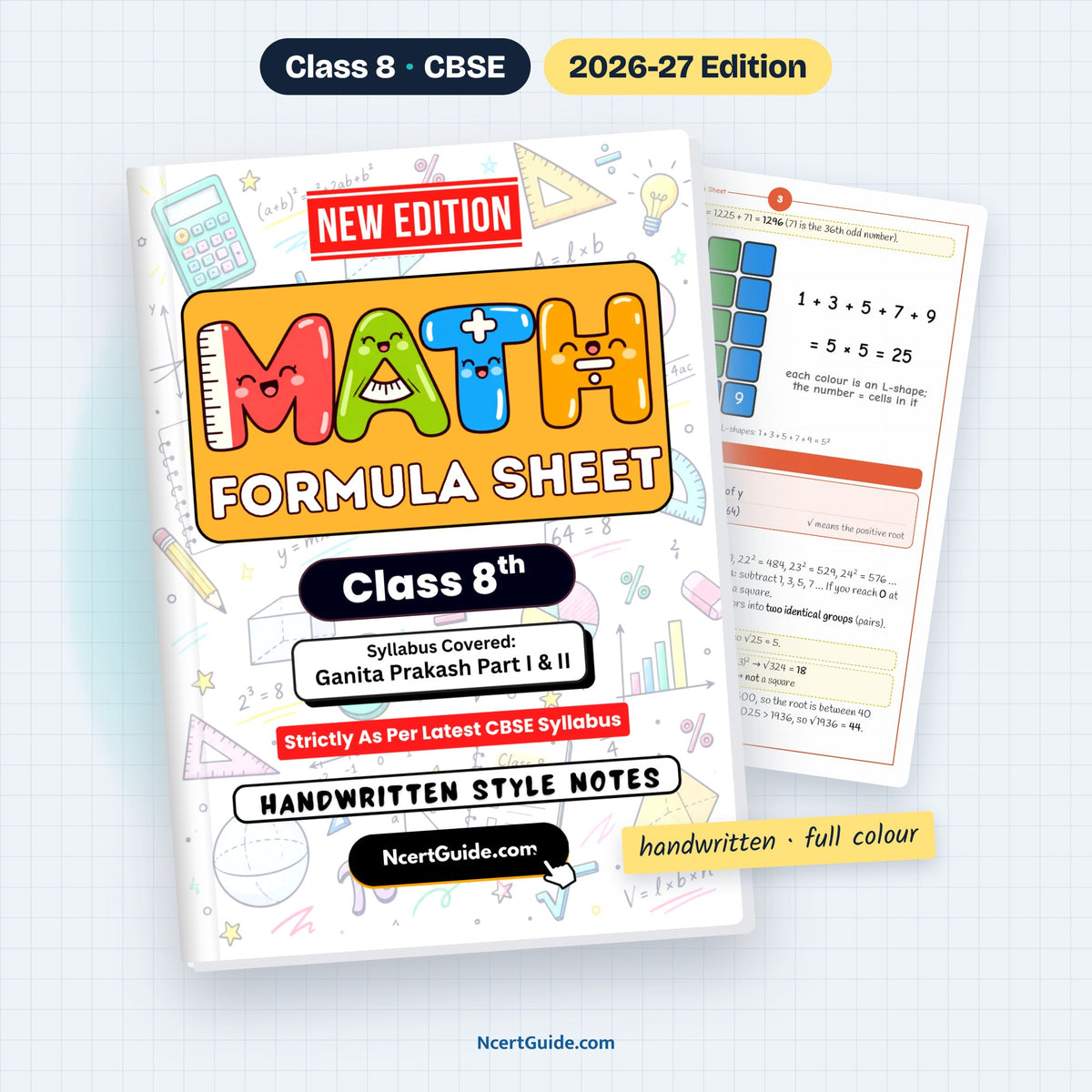 Class 8 Maths Formula Sheet 2026-27 – book cover with inside page