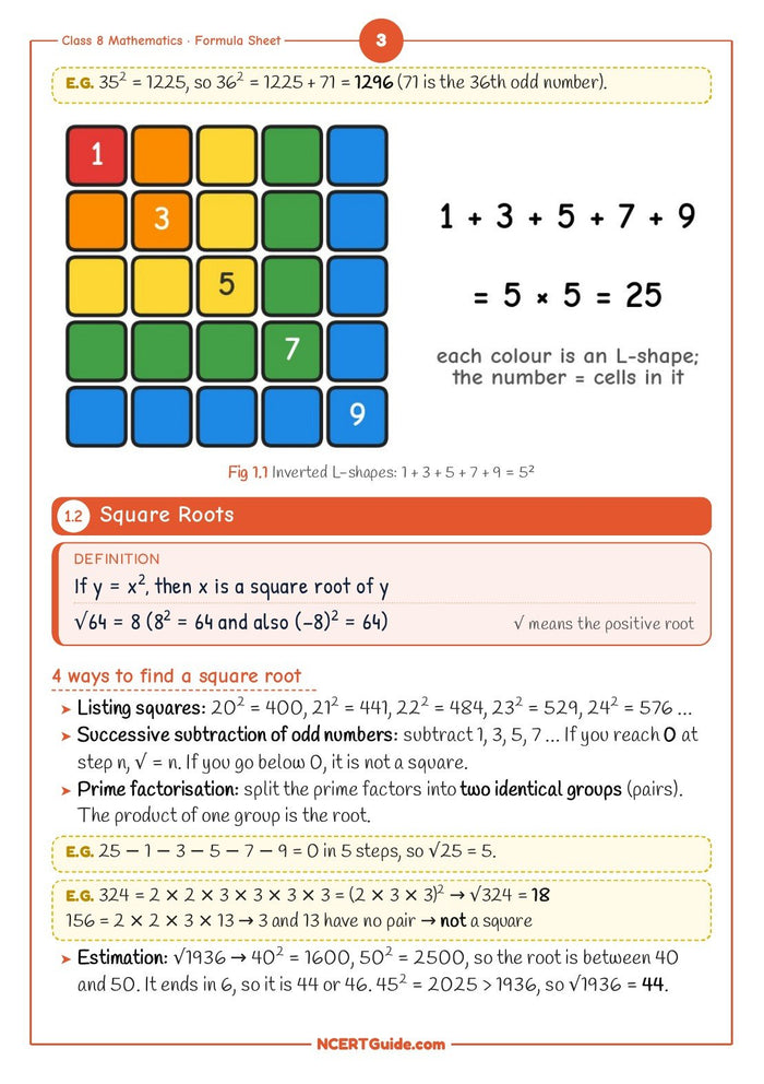 Class 8 Maths Formula Sheet 2026-27 – inside page 1