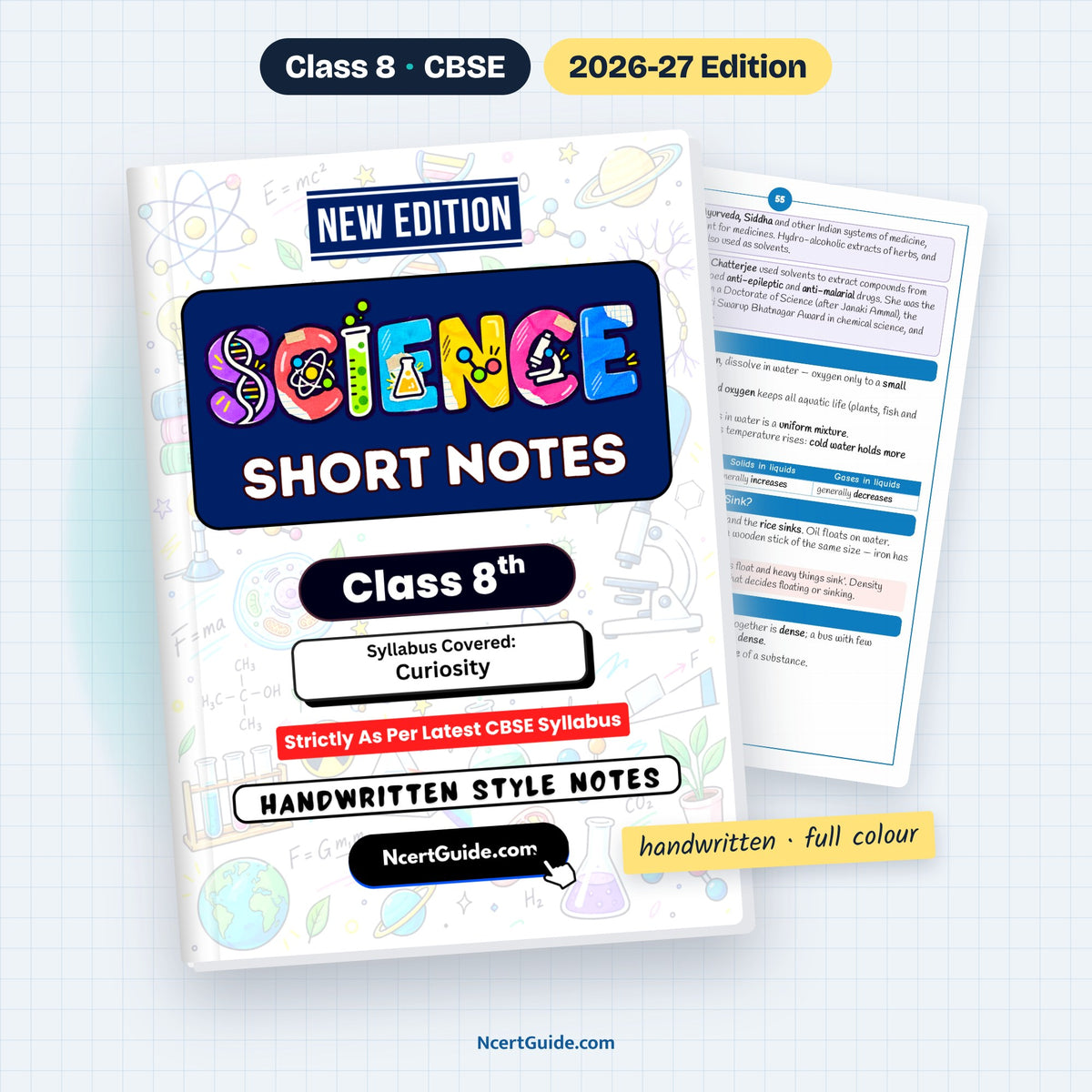 Class 8 Science Short Notes 2026-27 – book cover with inside page