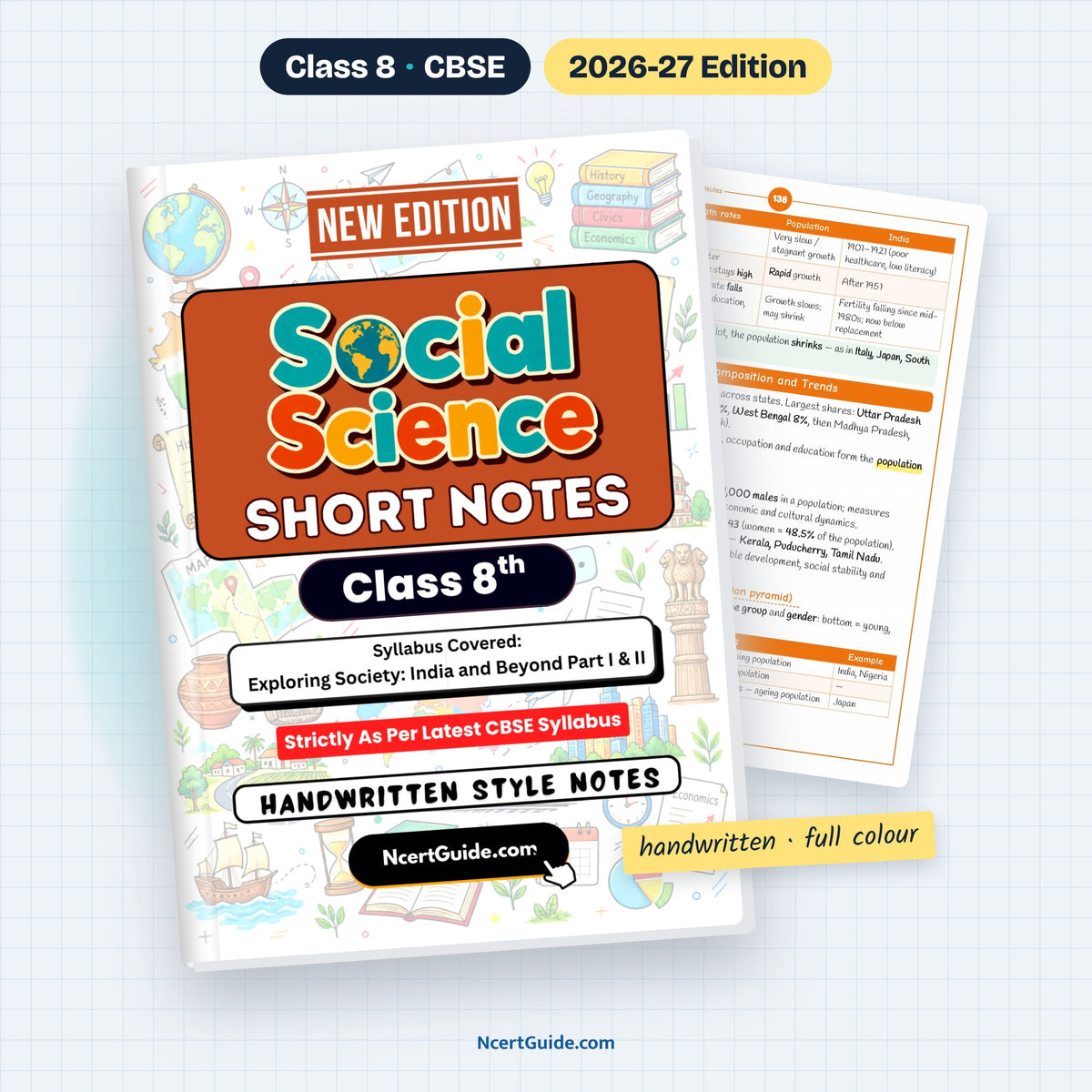 Class 8 Social Science Short Notes 2026-27 – book cover with inside page