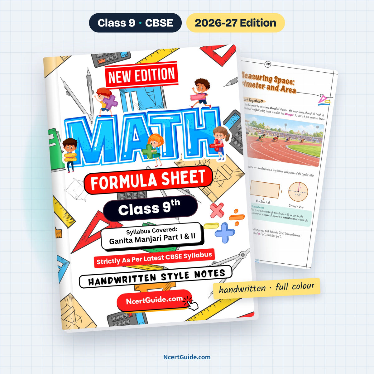Class 9 Maths Formula Sheet 2026-27 – book cover with inside page